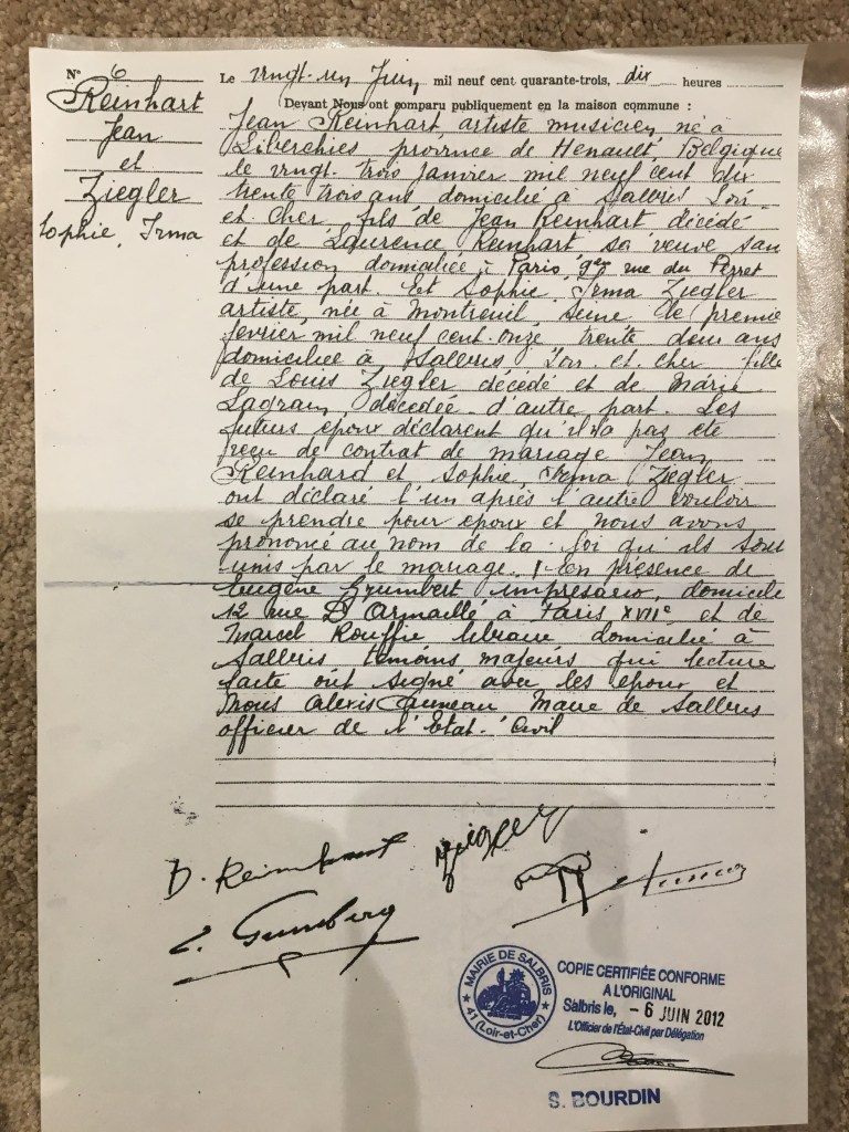 acte de mariage de Django Reinhardt