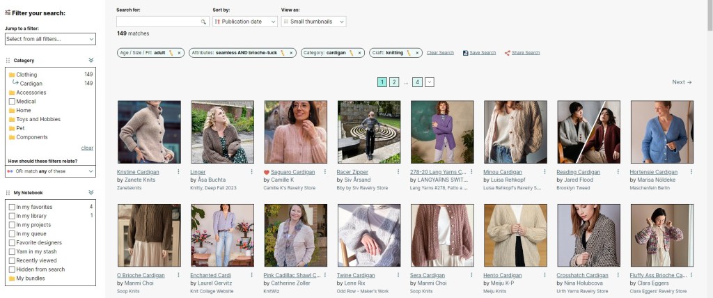 capture d'écran d'une recherche ravelry