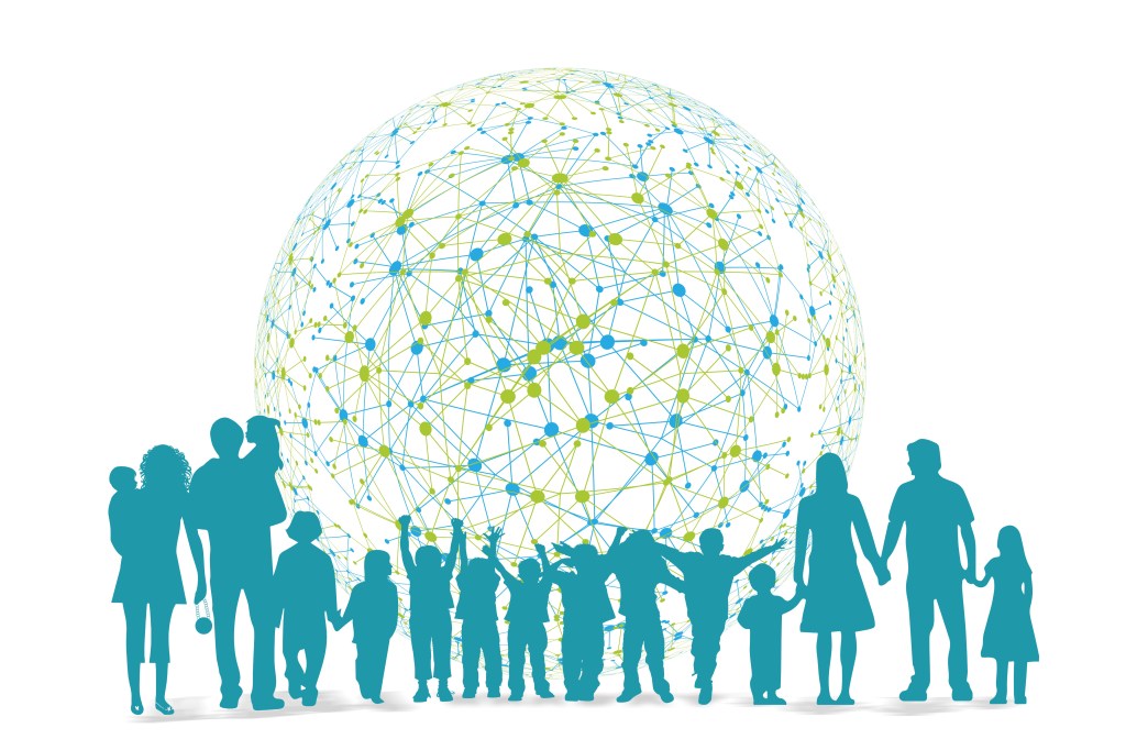 Parents et enfants sur le globe terrrestre, se tenant la main